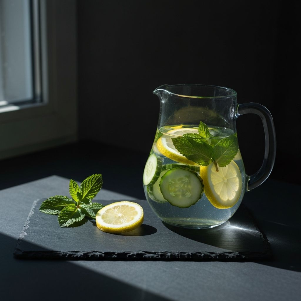 Glass pitcher with water, cucumber, mint and lemon on a dark surface